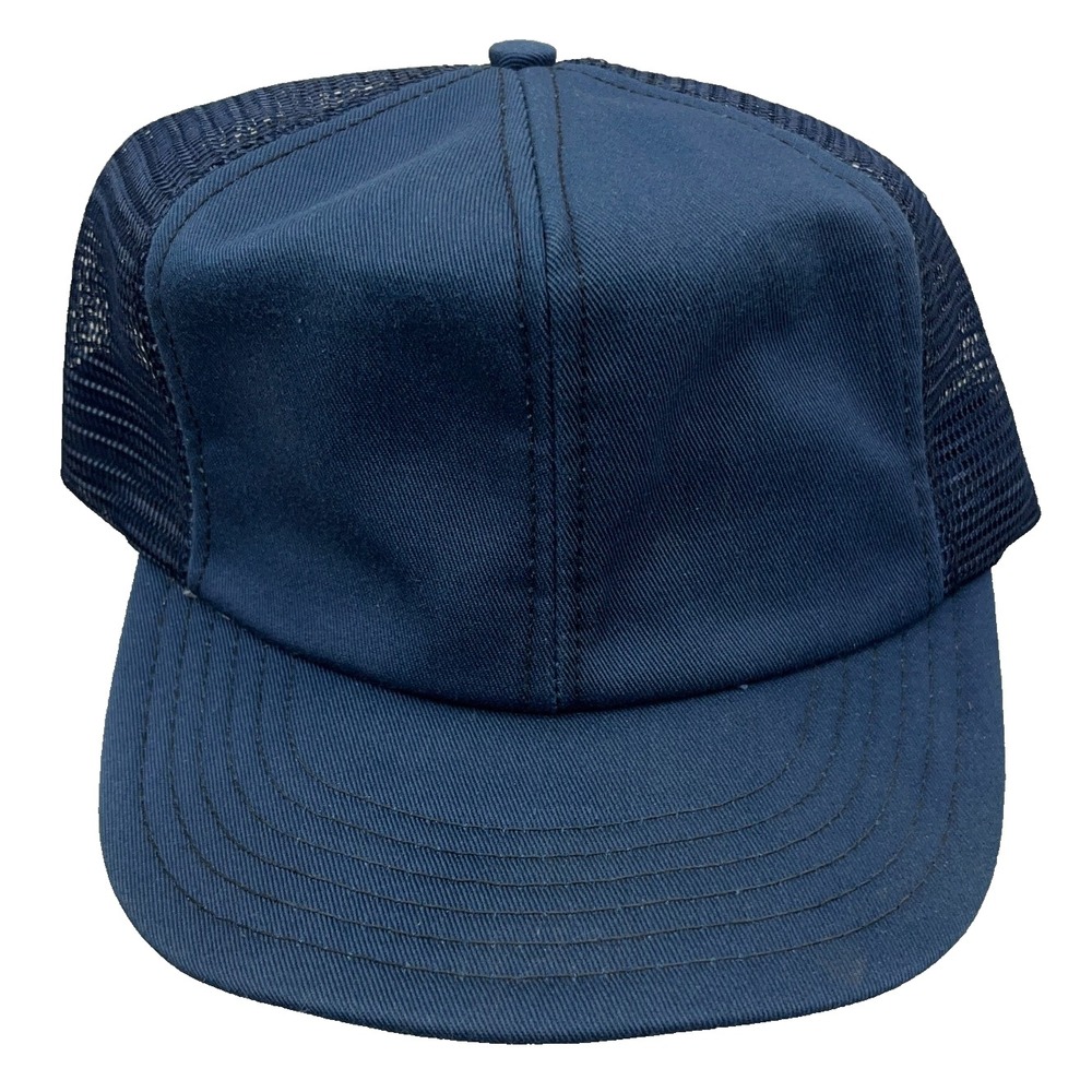 Vintage Blank Trucker Hat Cap Navy Blue Made In USA 80s 90s Mesh Plain AN